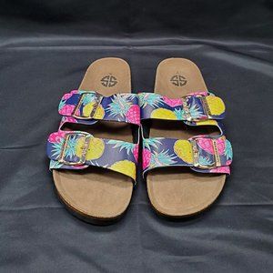 Simply Southern Gold Buckle Pineapple Print Slides Sandals (Size 7)